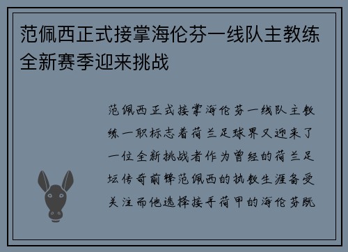范佩西正式接掌海伦芬一线队主教练全新赛季迎来挑战