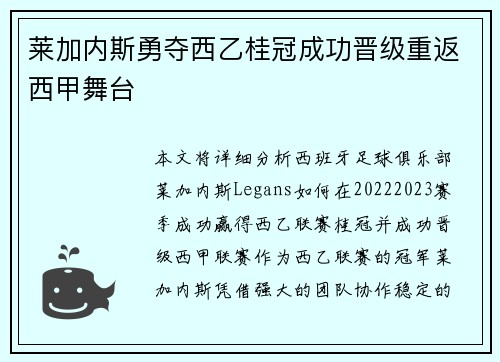 莱加内斯勇夺西乙桂冠成功晋级重返西甲舞台 莱加内斯勇夺西乙桂冠成功晋级重返西甲舞台