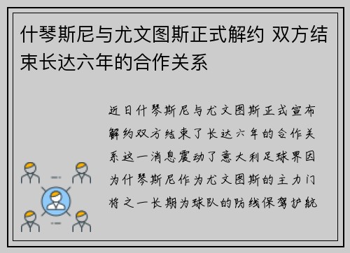 什琴斯尼与尤文图斯正式解约 双方结束长达六年的合作关系